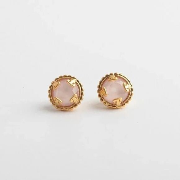 NWOT Tory Burch Pink Stone, Gold logo Stud Earrings - Picture 2 of 6
